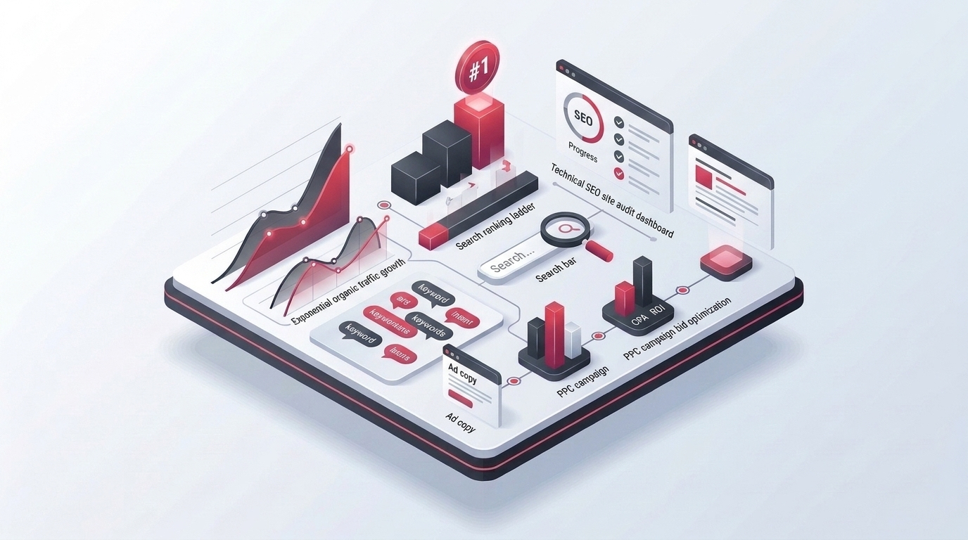 Optimasi SEO teknis dan kampanye SEM Google Ads dengan dashboard analitik dan grafik kenaikan peringkat kata kunci