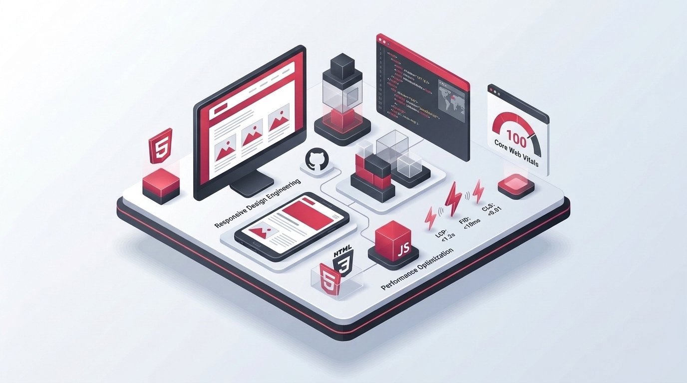 Pengembangan website responsif dengan struktur kode semantik, skor Core Web Vitals 100, dan tata letak modern